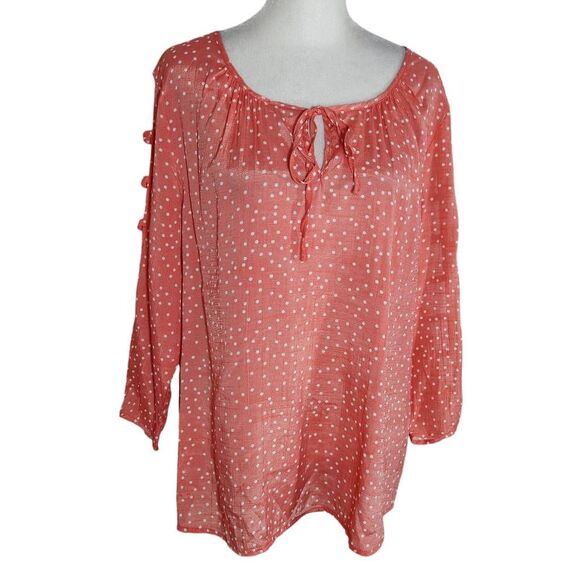 Como Blu Coral Pink Polka Dot Blouse with Cutout Detail Size Large Coral Top - Picture 1 of 9